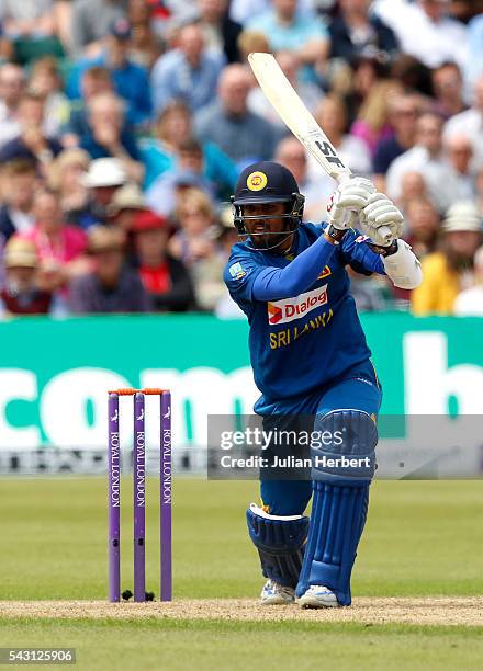 Dinesh Chandimal of Sri Lanka hits out during The 3rd ODI Royal London One-Day match between England and Sri Lanka at The County Ground on June 26,...