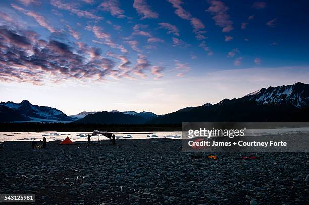 campers set up camp across from bear lake and bear glacier at sunset in kenai fjords national park, alaska. - bear camping stock pictures, royalty-free photos & images