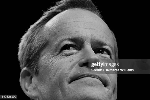 Image has been shot in black and white, no colour version available.) Leader of the Opposition, Australian Labor Party Bill Shorten addresses the...