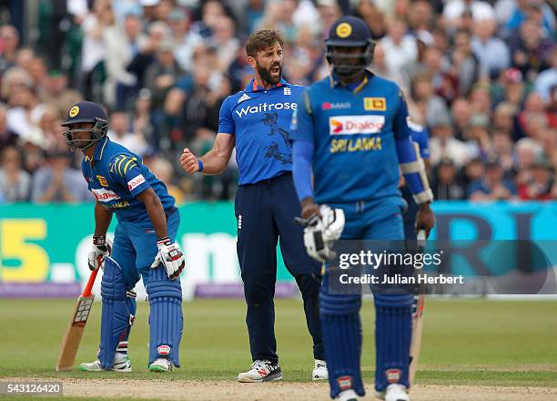 Liam Plunkett of England celebrates the wicket of Seekuge Prasanna of Sri Lanka during The 3rd ODI Royal London One-Day match between England and Sri...