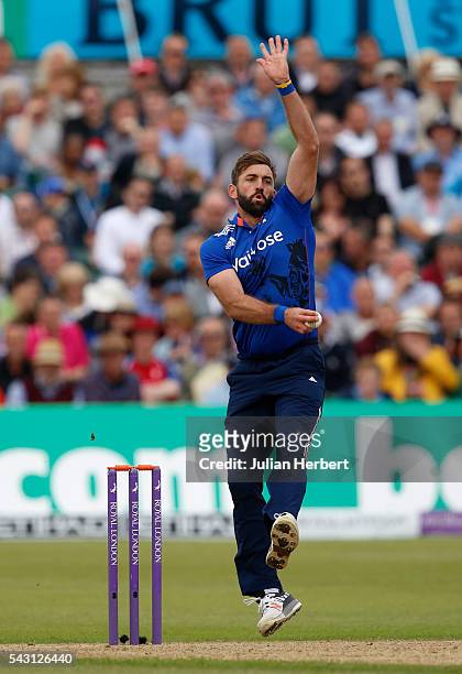 Liam Plunkett of England bowls during The 3rd ODI Royal London One-Day match between England and Sri Lanka at The County Ground on June 26, 2016 in...