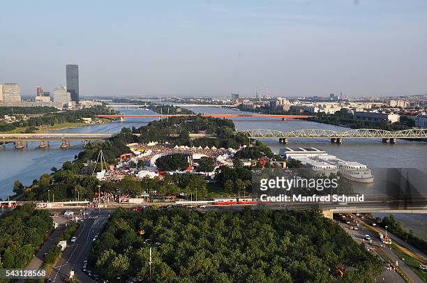 Aerial view of Donauinsel at Donauinselfest DIF 2016 Vienna at Donauinsel on June 25, 2016 in Vienna, Austria.