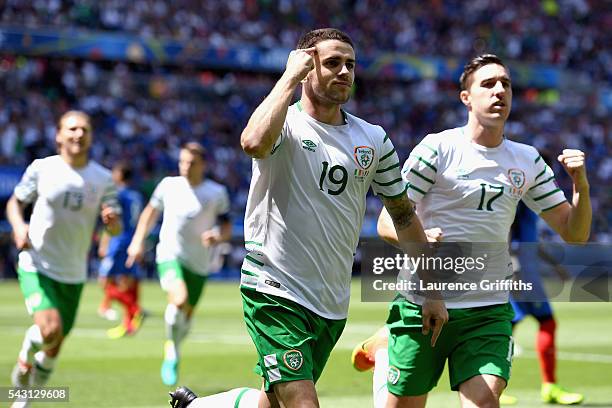 Robbie Brady of Republic of Ireland celebrates scoring the opening goal during the UEFA EURO 2016 round of 16 match between France and Republic of...