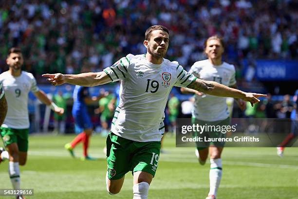 Robbie Brady of Republic of Ireland celebrates scoring the opening goal during the UEFA EURO 2016 round of 16 match between France and Republic of...