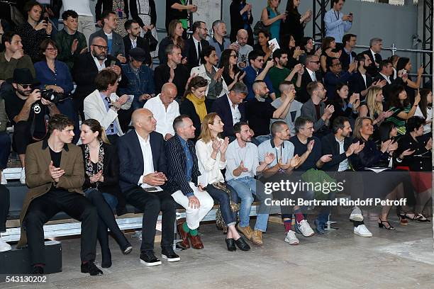 Son of Jeremy Irons, Max Irons, his companion Sophie Pera, Artists Fabrice Hybert and Xavier Veilhan attend the Lanvin Menswear Spring/Summer 2017...