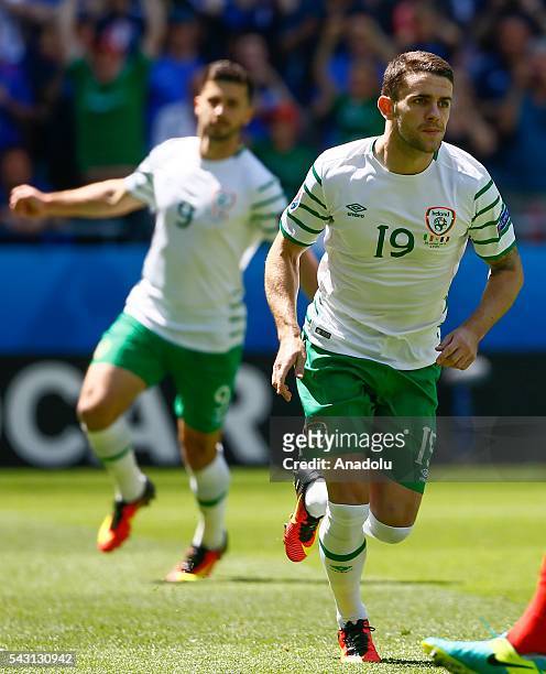 Robbie Brady of Ireland celebrates after scoring a goal during the UEFA Euro 2016 Round of 16 football match between France and Ireland at the Stade...