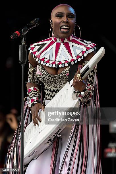 Laura Mvula performs on the Pyramid Stage on day 2 of the Glastonbury Festival at Worthy Farm, Pilton on June 26, 2016 in Glastonbury, England. Now...