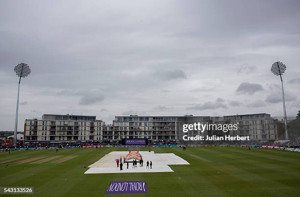 General view of the ground when rain stopped play during the 3rd ODI Royal London One-Day match between England and Sri Lanka at The County Ground on...