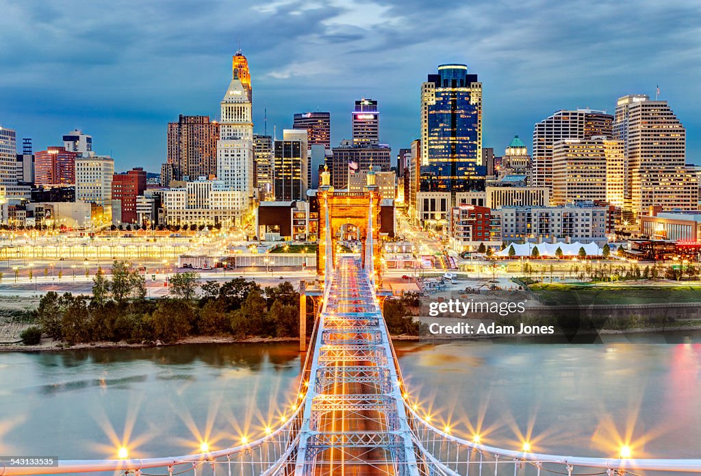 Cincinnati skyline from atop Roebling Bridge