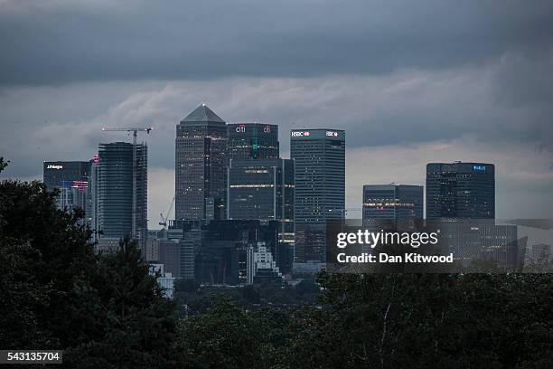 General view over the Canary Wharf Financial district from the Greenwich Observatory two days after a majority of the British public voted for...