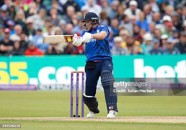 Joe Root of England hits out during The 3rd ODI Royal London One-Day match between England and Sri Lanka at The County Ground on June 26, 2016 in...