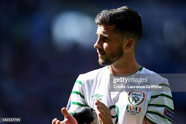 Shane Long of Republic of Ireland applauds the supporters after their team's 1-2 defeat in the UEFA EURO 2016 round of 16 match between France and...