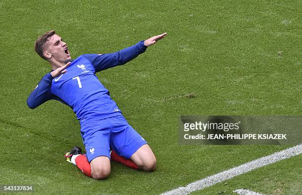 France's forward Antoine Griezmann celebrates scoring a goal during the Euro 2016 round of 16 football match between France and Republic of Ireland...