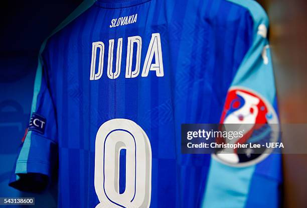 The shirt worn by Ondrej Duda of Slovakia is hung in the dressing room prior to the UEFA EURO 2016 round of 16 match between Germany and Slovakia at...