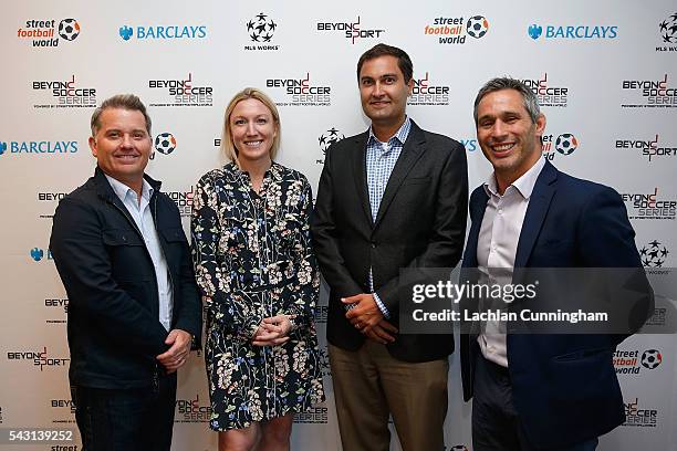 Panel members Jeffrey Mallett, co-owner of the Vancouver Whitecaps, Amanda Vandervort, Vice President of Fan Engagement and CRM at MLS, Dave Kaval,...