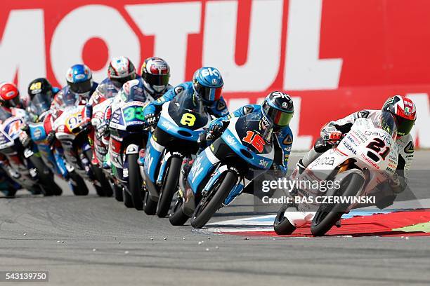 Italian Moto3 rider Francesco Bagnaia of the Mahindra team competes during the Moto3 race of the Motorcycling Grand Prix TT Assen at the TT Circuit...