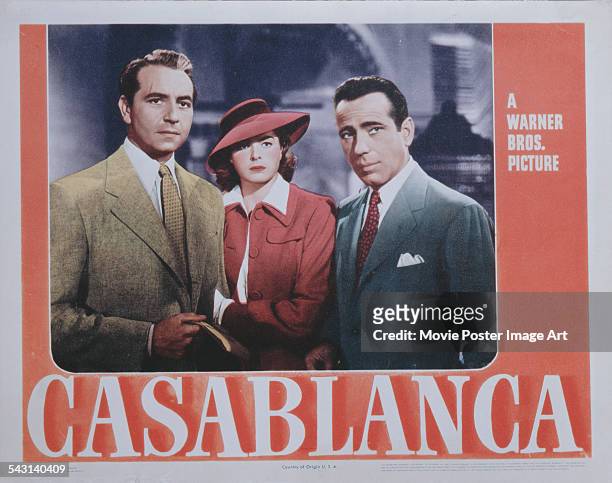 From left to right, actors Paul Henreid, Ingrid Bergman and Humphrey Bogart form a classic love triangle on a poster for the Warner Bros. Film...