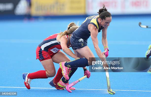 Madonna Blyth of Australia and Katie Bam of USA during the FIH Women's Hockey Champions Trophy 2016 3rd-4th place match between Australia and USA at...