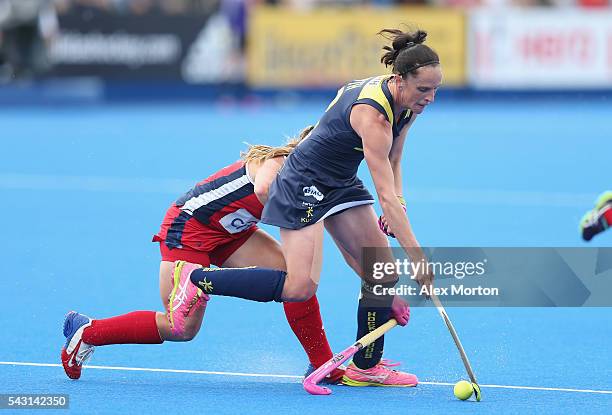 Madonna Blyth of Australia and Katie Bam of USA during the FIH Women's Hockey Champions Trophy 2016 3rd-4th place match between Australia and USA at...
