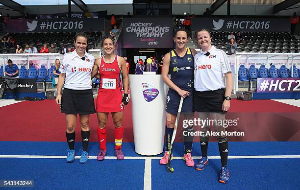 Melissa Gonzalez of USA and Madonna Blyth of Australia with match umpires prior to the FIH Women's Hockey Champions Trophy 2016 3rd-4th place match...