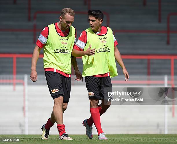 Toni Leistner and Eroll Zejnullahu of 1 FC Union Berlin during training on June 26, 2016 in Berlin, Germany.