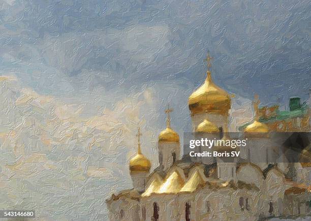 painting of the the annunciation cathedral, kremlin - russian culture stock illustrations