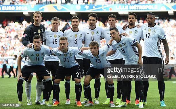 Germany's squad goalkeeper Manuel Neuer, midfielder Toni Kroos, defender Jonas Hector, defender Mats Hummels, forward Mario Gomez, midfielder Sami...