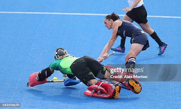 Jackie Briggs of USA saves a penalty from Madonna Blyth of Australia in the shootout during the FIH Women's Hockey Champions Trophy 2016 3rd-4th...