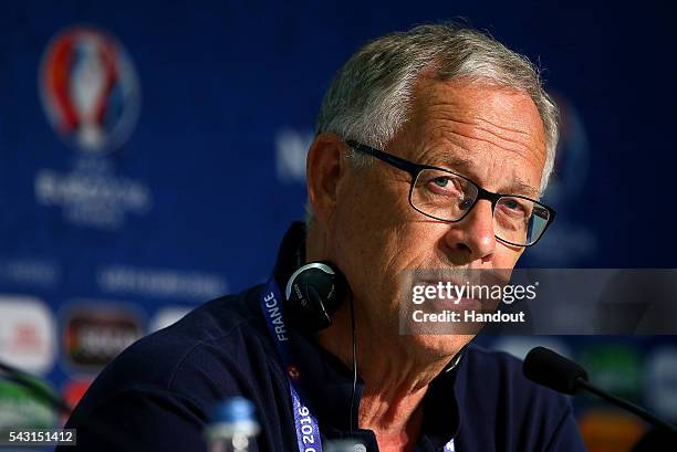 In this handout image provided by UEFA, Coach of Iceland Lars Lagerback faces the media during the Iceland press conference at Allianz Riviera...