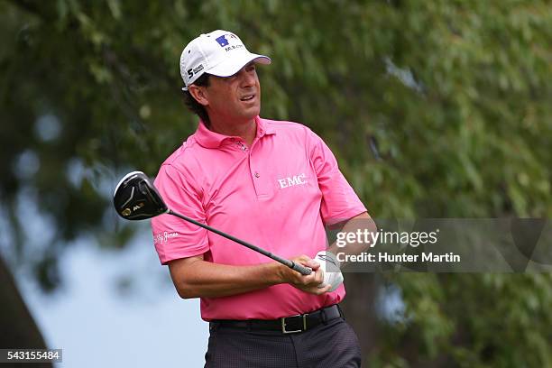 Billy Andrade watches his tee shot on the second hole during the final round of the Champions Tour American Family Insurance Championship at...