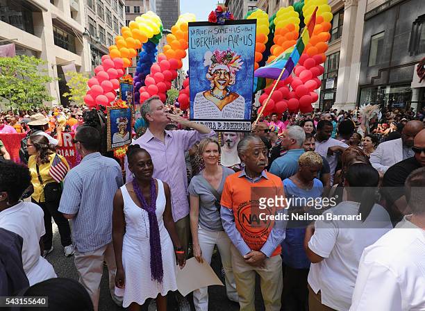 New York City Mayor Mayor Bill de Blasio with wife Chirlane McCray, actress Cynthia Nixon and activist Al Sharpton march during the New York City...