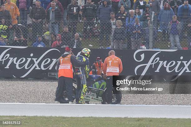 Valentino Rossi of Italy and Movistar Yamaha MotoGP crashed out during the MotoGP race during the MotoGP Netherlands - Race at on June 26, 2016 in...