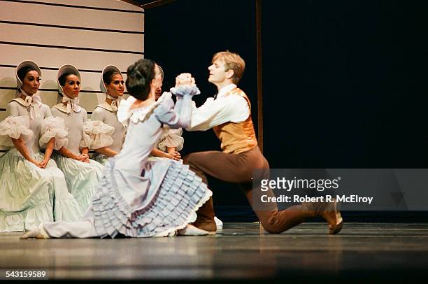 Russian-born American dancer Mikhail Baryshnikov and an unidentified woman perform in 'Appalachian Spring' at City Center, New York, New York,...