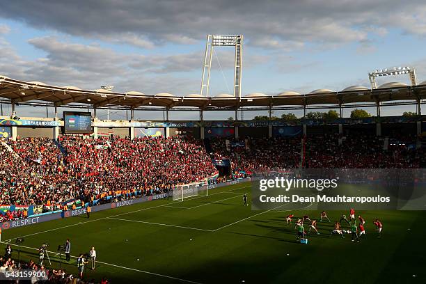 Hungary players warm up prior to the UEFA EURO 2016 round of 16 match bewtween Hungary and Belgium at Stadium Municipal on June 26, 2016 in Toulouse,...