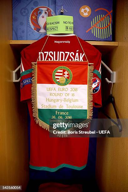 The shirt worn by Balazs Dzsudzsak of Hungary is hung in the dressing room prior to the UEFA EURO 2016 round of 16 match bewtween Hungary and Belgium...