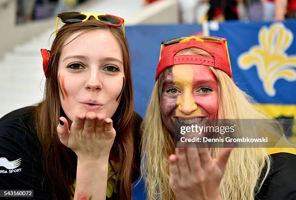 Belgium supporters enjoy the atmosphere prior to the UEFA EURO 2016 round of 16 match bewtween Hungary and Belgium at Stadium Municipal on June 26,...
