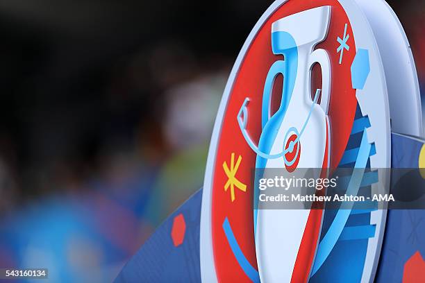 Detail of the UEFA Euro 2016 logo during the UEFA Euro 2016 Round of 16 match between Germany and Slovakia at Stade Pierre-Mauroy on June 26, 2016 in...