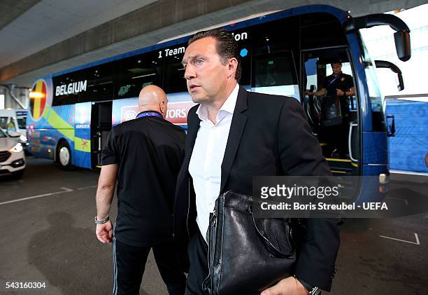 Marc Wilmots manager of Belgium is seen on arrival at the stadium prior to the UEFA EURO 2016 round of 16 match bewtween Hungary and Belgium at...