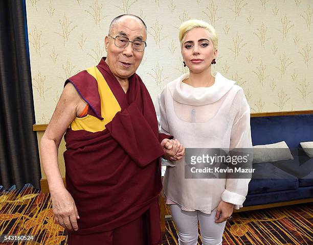 Lady Gaga joins his Holiness the Dalai Lama to speak to US Mayors about kindness at JW Marriott on June 26, 2016 in Indianapolis, Indiana.