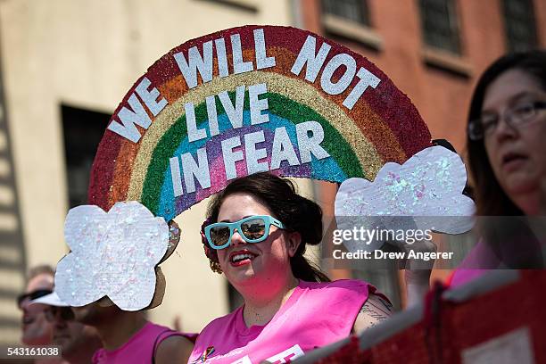 Participants march in the New York City Pride March, June 26, 2016 in New York City. This year was the 46th Pride march in New York City.