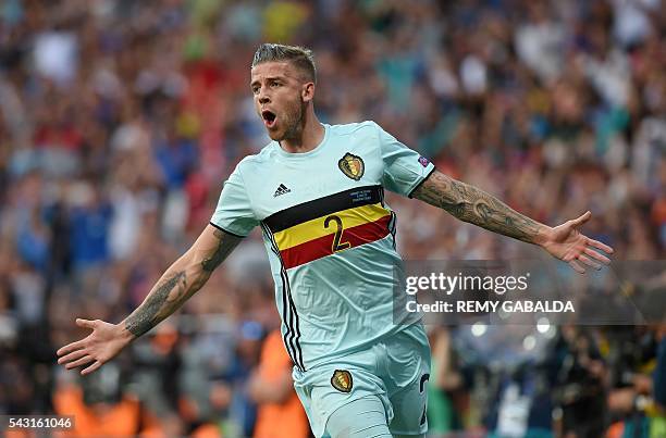 Belgium's defender Toby Alderweireld celebrates after scoring a goal during the Euro 2016 round of 16 football match between Hungary and Belgium at...