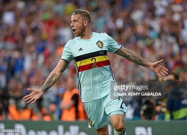 Belgium's defender Toby Alderweireld celebrates his goal during the Euro 2016 round of 16 football match between Hungary and Belgium at the Stadium...