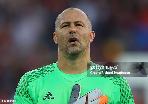 Gabor Kiraly of Hungary is seen prior to the UEFA EURO 2016 round of 16 match bewtween Hungary and Belgium at Stadium Municipal on June 26, 2016 in...