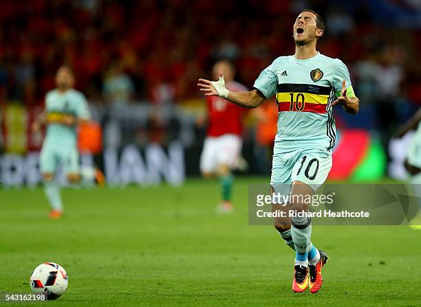 Eden Hazard of Belgium reacts after caught offside during the UEFA EURO 2016 round of 16 match between Hungary and Belgium at Stadium Municipal on...
