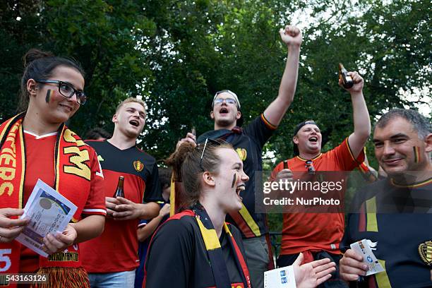 Belgian supporters sing before the match Hungary vs Belgium.Supporters from Belgium and Hungary came to Toulouse and its Municipal stadium for the...