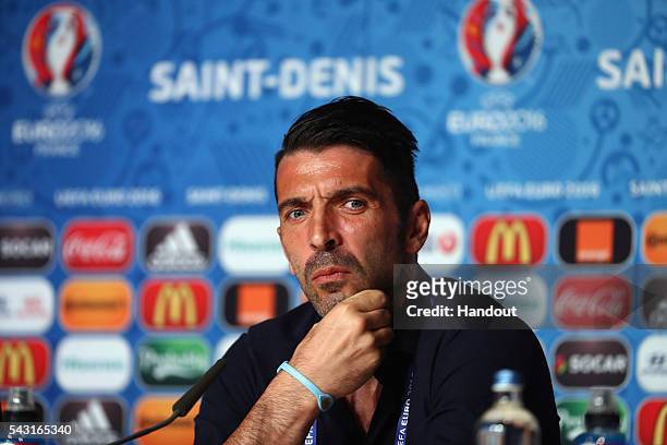 In this handout image provided by UEFA Gianluigi Buffon of Italy attends a press conference at Stade de France on June 26, 2016 in Paris, France.