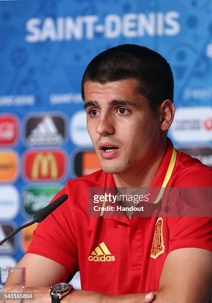 In this handout image provided by UEFA Alvaro Morata of Spain attends a press conference at Stade de France on June 26, 2016 in Paris, France.