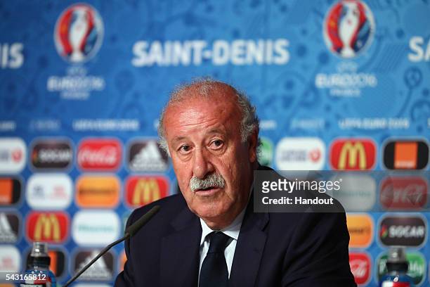 In this handout image provided by UEFA head coach Vicente del Bosque of Spain attends a press conference at Stade de France on June 26, 2016 in...