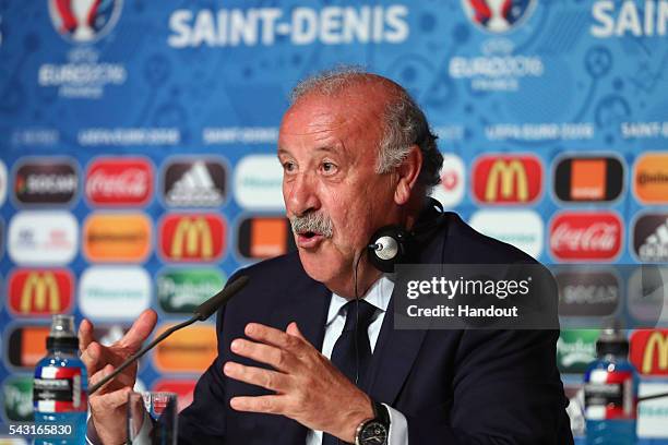 In this handout image provided by UEFA head coach Vicente del Bosque of Spain attends a press conference at Stade de France on June 26, 2016 in...