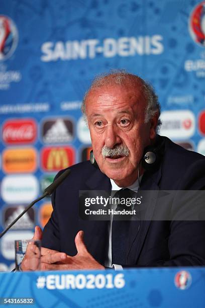 In this handout image provided by UEFA head coach Vicente del Bosque of Spain attends a press conference at Stade de France on June 26, 2016 in...